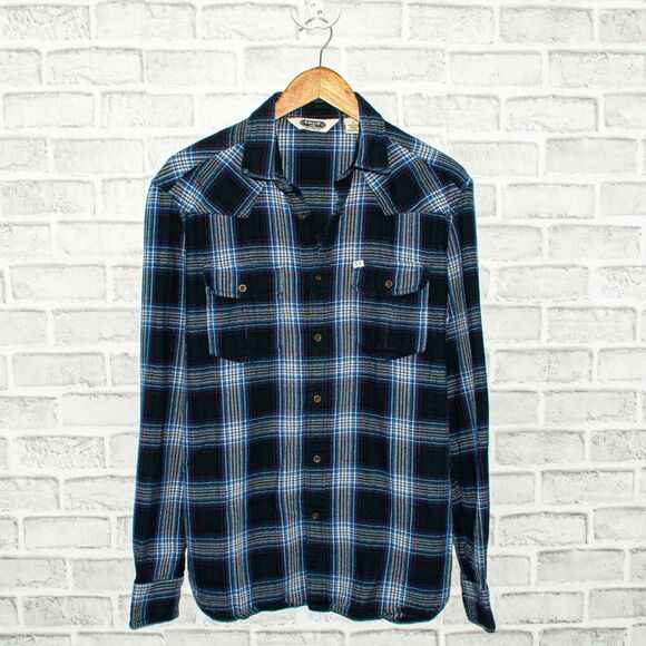 Salt Valley Western Flannel Shirt Blue Plaid Cotton Size Small - Picture 2 of 6